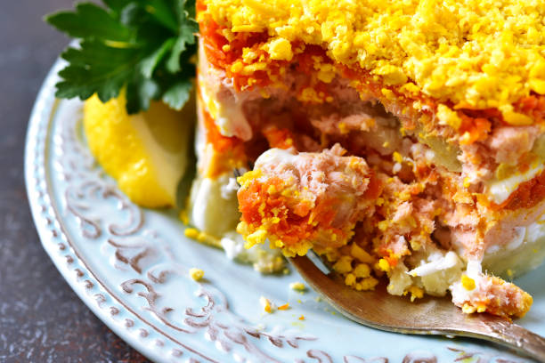 istock Layered salad with vegetables and salmon 