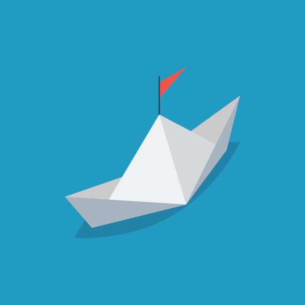 illustrazioni stock, clip art, cartoni animati e icone di tendenza di nave di carta isometrica con bandiera rossa - isometric nautical vessel yacht sailboat