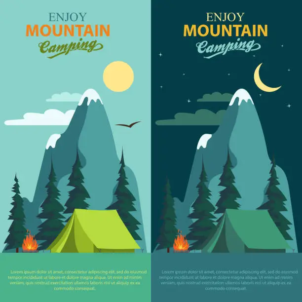 Vector illustration of Camping Adventure, bonfire fire and tent, vector