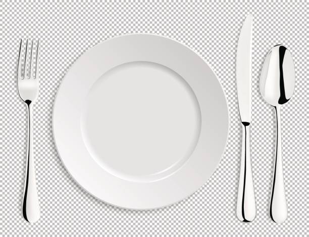 realistische leerer vektor teller mit löffel, messer und gabel isoliert. design-vorlage in eps10 - silverware fork dishware spoon stock-grafiken, -clipart, -cartoons und -symbole