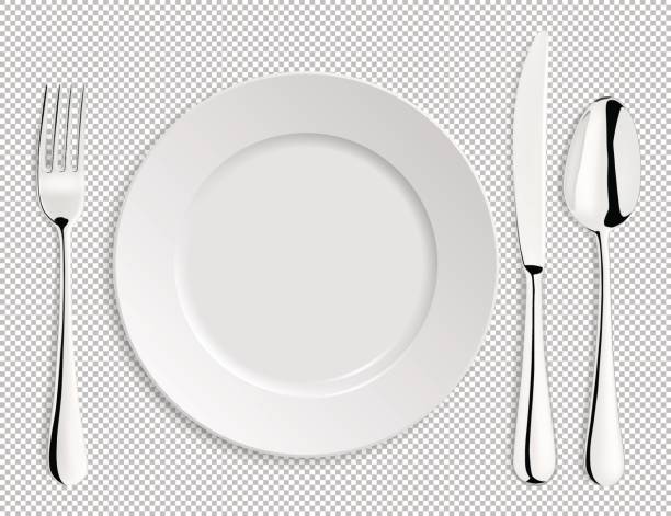 ilustrações, clipart, desenhos animados e ícones de chapa de realista vetor vazio com colher, faca e garfo isolado. modelo de design em eps10 - meal fork plate food