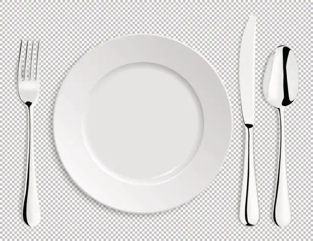 Vector illustration of Realistic empty vector plate with spoon, knife and fork isolated. Design template in EPS10