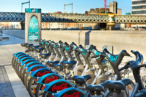 DUBLIN, IRELAND - FEBRUARY 4, 2017: Coca-cola zero logo on Dublin bikes, rental bicycles downtown Dublin. The program is sponsored by Coca Cola company.