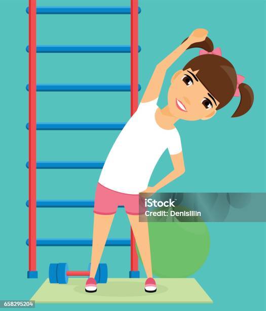 Little Girl Doing Sport Exercises In The Gym Stock Illustration - Download Image Now - Active Lifestyle, Arm, Art