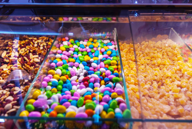Colorful superfood candy at candy shop market