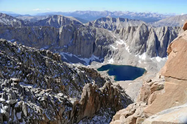 Summit view from Mount Whitney, California 14er, state high point and highest peak in the lower 48 states, located in the Sierra Nevada Mountains