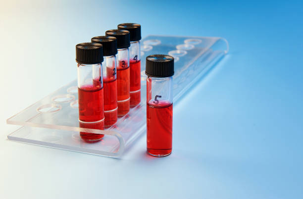 trzy próbki płynów w plastikowych fiolkach w stojaku na niebieski - test tube microplate cell biotechnology zdjęcia i obrazy z banku zdjęć