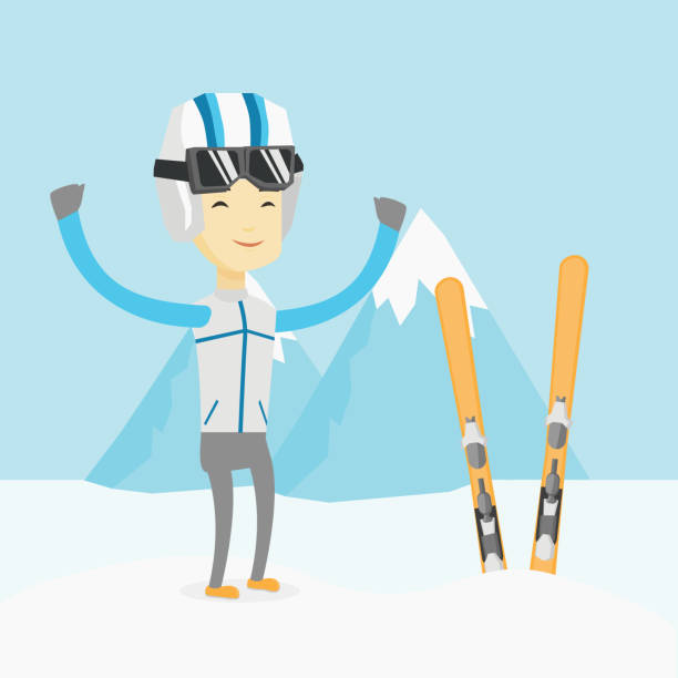 веселый лыжник, стоящий с поднятыми руками - mono ski stock illustrations