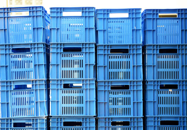istock Blue color Plastic crates staked 658325722