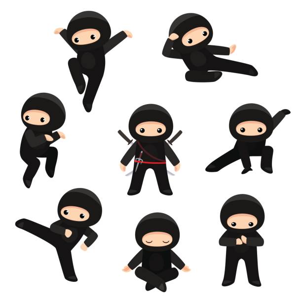 illustrazioni stock, clip art, cartoni animati e icone di tendenza di set di simpatici ninja in varie pose isolate su sfondo bianco - kung fu