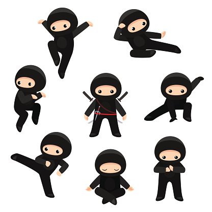 Vector set of cute ninjas in various poses isolated on white background