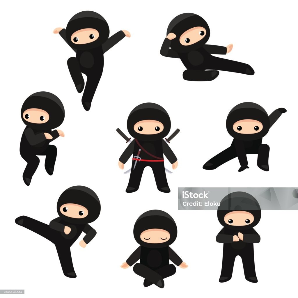 Set of cute ninjas in various poses isolated on white background Vector set of cute ninjas in various poses isolated on white background Ninja stock vector