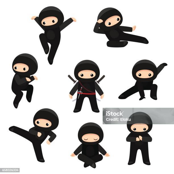 Set Of Cute Ninjas In Various Poses Isolated On White Background Stock Illustration - Download Image Now