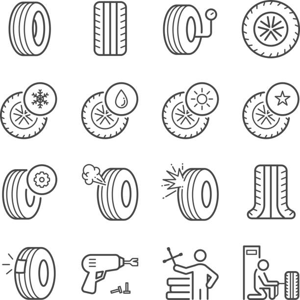 ilustraciones, imágenes clip art, dibujos animados e iconos de stock de conjunto de iconos de rueda - neumático