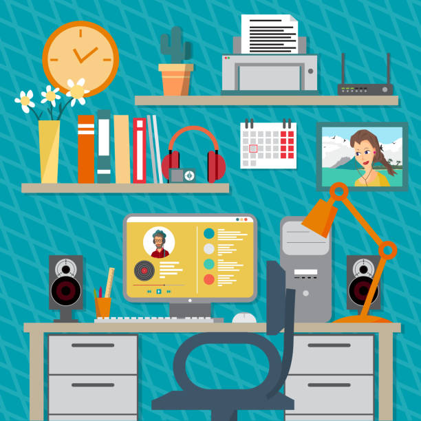 Flat modern design vector illustration concept of home workspace Flat modern design vector illustration concept of home workspace, workplace, desktop. Home work flow items, essentials, things, equipment, elements, objects, development tools. Room interior school pa system stock illustrations