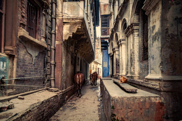 los estrechos callejones del casco antiguo de varanasi - narrow alley fotografías e imágenes de stock