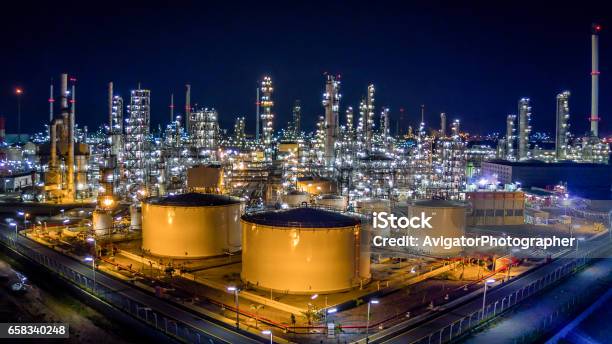 Oil Refinery Plant From Bird Eye View Stock Photo - Download Image Now - Oil Refinery, Refinery, Night