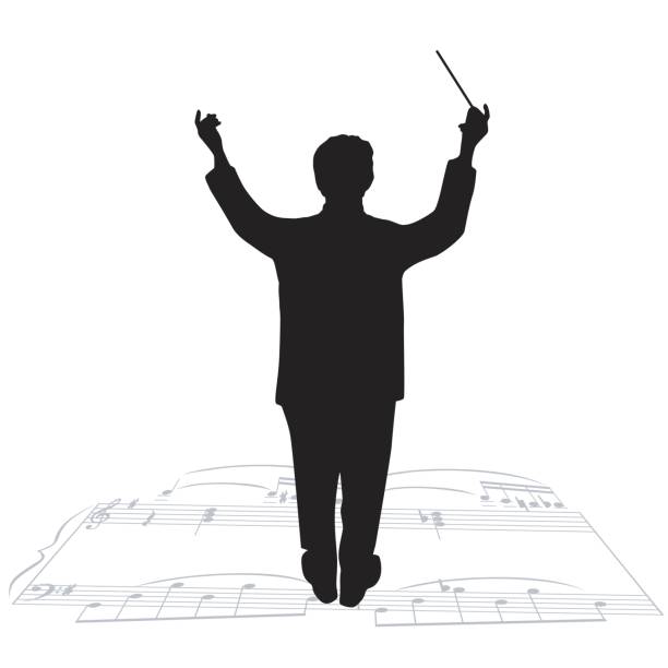 Orchestra Director A vector silhouette illustration of an orchestra conductor with arms raised and baton in hand standing on sheet music. musical conductor stock illustrations