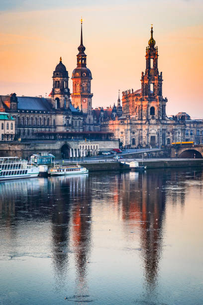 Dresden, Germany Dresden, Germany. Cathedral of the Holy Trinity or Hofkirche, Bruehl's Terrace. Twilight sunset on Elbe river in Saxony. dresda stock pictures, royalty-free photos & images