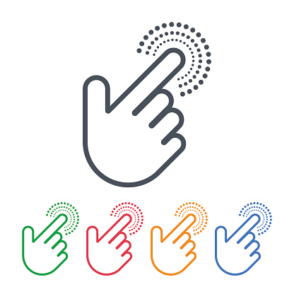 Vector design of click icons with hand cursors. Hand is pushing the button. Pointer symbols.