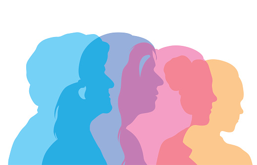 A vector silhouette illustration of the age progression of female from teenager to young adult to mature adult to senior.  The heads are transparent and in different colours.