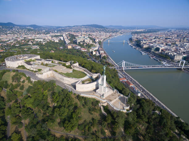 Aerial view of Liberty statue at Gellert hill in Budapest Aerial view of Liberty statue at Gellert hill in Budapest. Hungary. gellert stock pictures, royalty-free photos & images