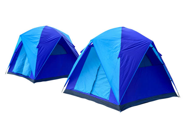 Tourist dome tent camping in forest camping site at lake side