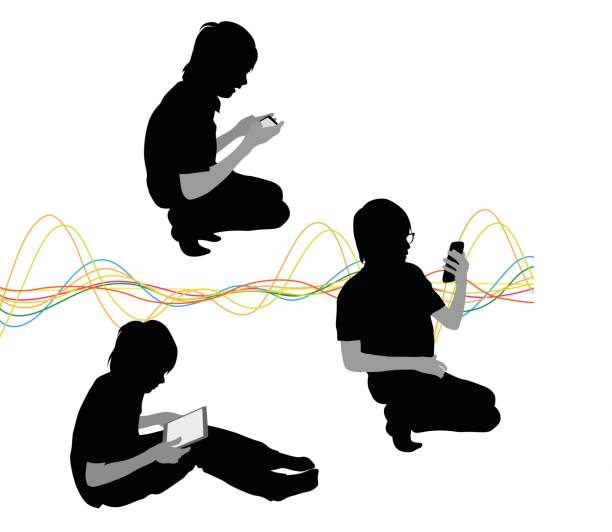 Kids Tech A vector silhouette illustration of a young boy using electonic devices in various poses including sitting and using a tablet on his lap, crouched and using a smart phone, and kneeling taking a selfie.  A multicoloured wave pattern is the background. computer silhouettes stock illustrations