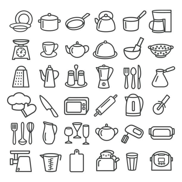 Set of kitchenware line icons Set of modern thin line icons home tableware, household and kitchen utensils sugar bowl crockery stock illustrations