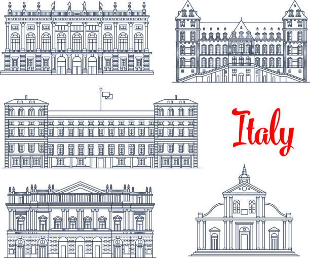 berühmte italien gebäude architektur vektor-icons - palazzo reale turin stock-grafiken, -clipart, -cartoons und -symbole