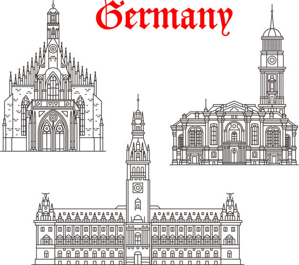illustrazioni stock, clip art, cartoni animati e icone di tendenza di edifici architettonici della germania icone vettoriali - church of our lady dresden illustrations