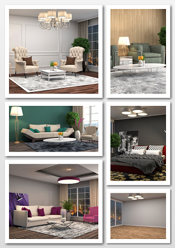 Collage of modern home interior. 3d illustration