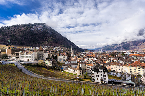 Looking across the rooftops of Chur the small town in eastern Switzerland