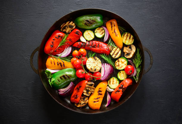 Grilled vegetables in a grilling pan, top view