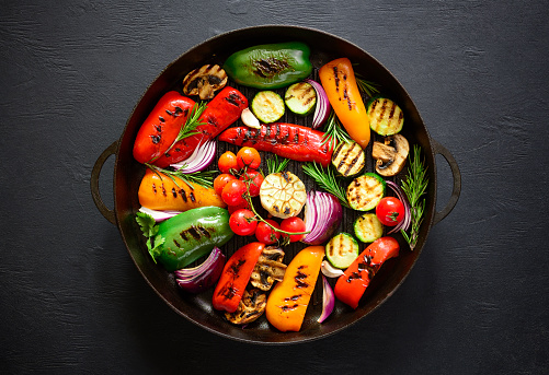 Grilled vegetables in a cast iron grilling pan, view from above