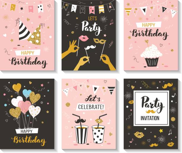 Happy birthday greeting card Happy birthday greeting card and party invitation collection, vector illustration, hand drawn style good job emoji stock illustrations