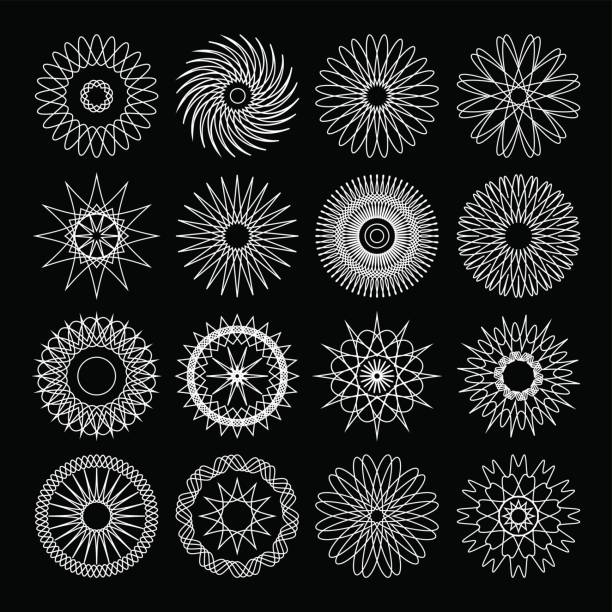 ilustrações de stock, clip art, desenhos animados e ícones de set of 16 geometric circular spirograph elements. collection of abstract shapes for certificate, diploma, secure paper. vector illustration. geometric logo design, cyclic lines. - hypotrochoid