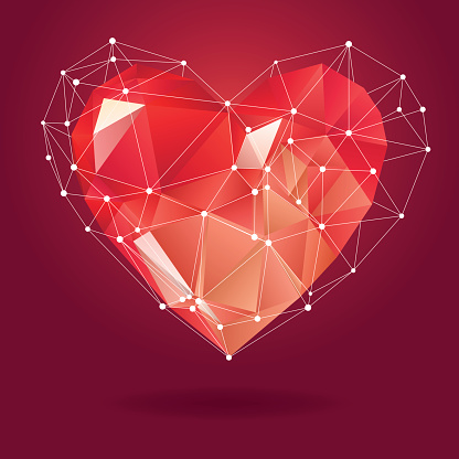 Low poly heart with white molecule structure. Vector Illustration. Abstract polygonal heart. Love symbol. Romantic background for Valentines day. Red origami.