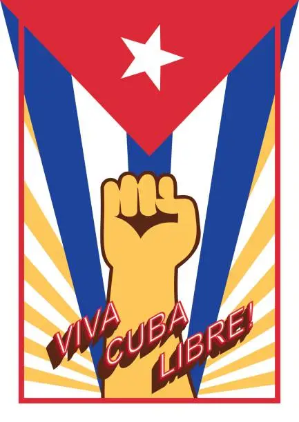 Vector illustration of Fist up power on flag backdrop. Viva Cuba libre! Long live the free Cuba! Spain language. Vintage style poster.