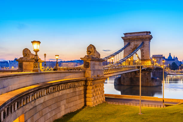 ブダペストチェーンブリッジの日の出,ハンガリー - chain bridge budapest bridge lion ストックフォトと画像