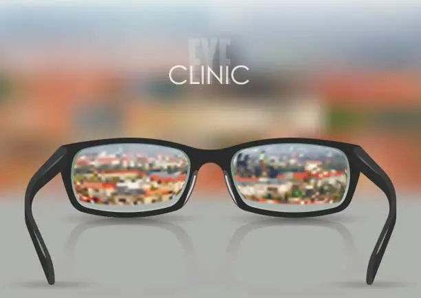 Vector illustration of Vector illustration on the theme of myopia, vision. Black stylish realistic glasses close-up on a background of blurred panorama of city on gradient mesh. For poster, adv, web template.