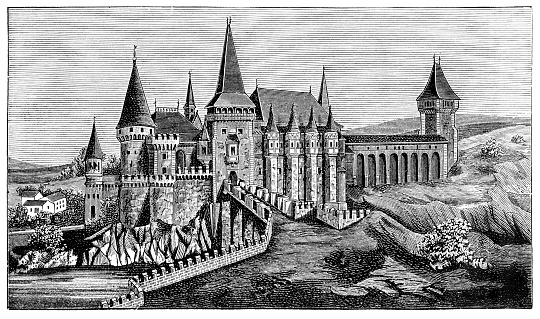 Antique illustration engraving of a Hunyad / Corvin Castle