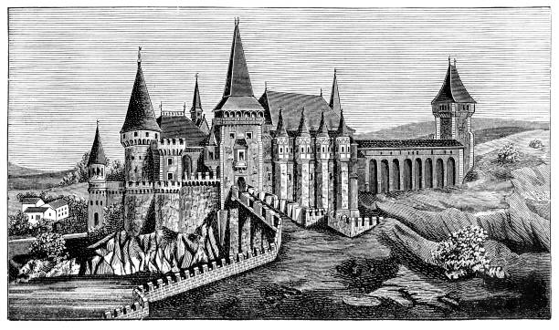 Hunyad / Corvin Castle Antique illustration engraving of a Hunyad / Corvin Castle hunyad castle stock illustrations