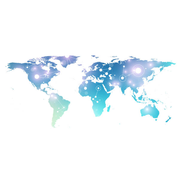 글로벌 테크놀로지 네트워킹 컨셉의 세계 지도. 디지털 데이터 시각화. 라인 신경 총. 빅 데이터 배 경 통신. 과학적인 벡터 일러스트 - 유럽 일러스트 stock illustrations