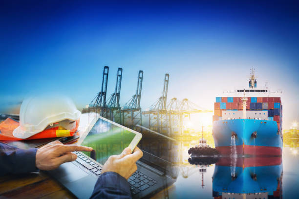 istock International Container Cargo ship with working crane bridge in shipyard background, logistic import export background and transport industry. 658401176