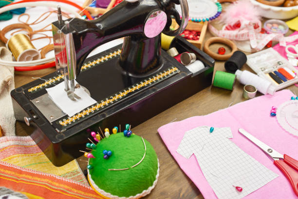 istock sewing accessories top view, seamstress workplace, many object for needlework, embroidery, handmade and handicraft 658404594