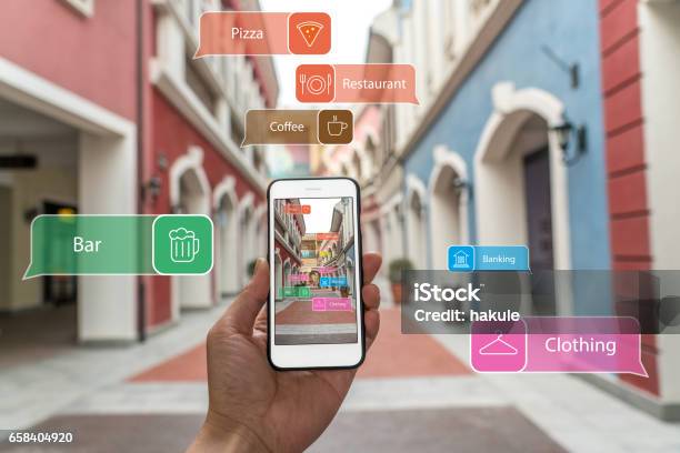 Augmented Reality Marketing Street Hand Holding Smart Phone Use Ar Application To Check Information Stock Photo - Download Image Now