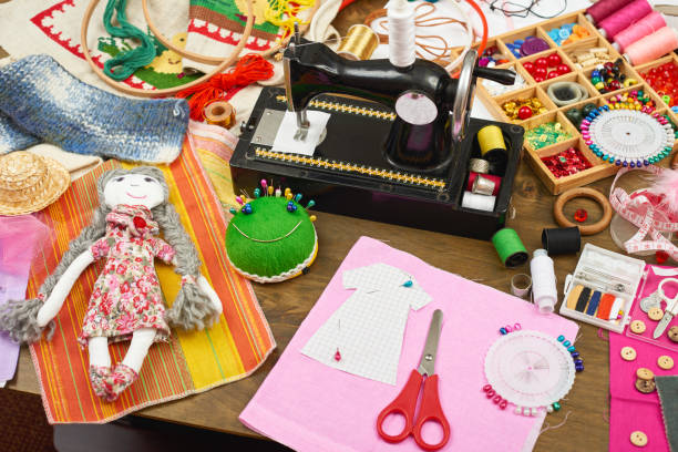istock sewing accessories top view, seamstress workplace, many object for needlework, embroidery and handicraft 658405034