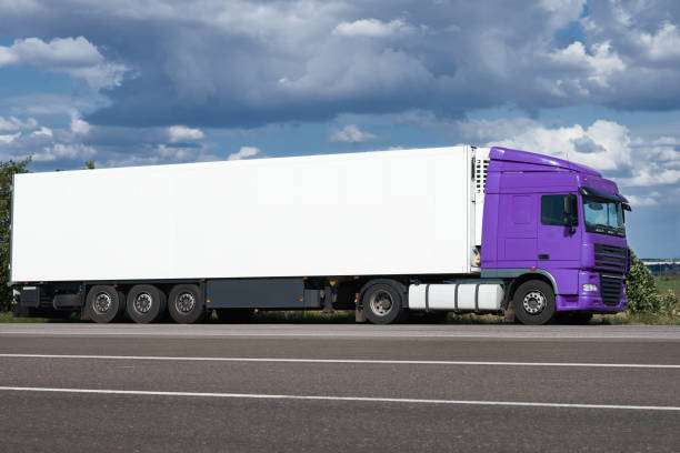 istock Truck on road with white blank container, blue sky, cargo transportation concept 658407572