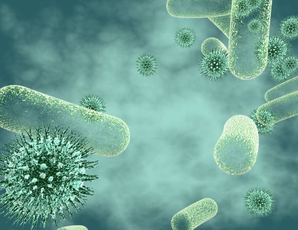 istock Viruses and bacterias, blue abstract medical background 3D illustration. 658418946
